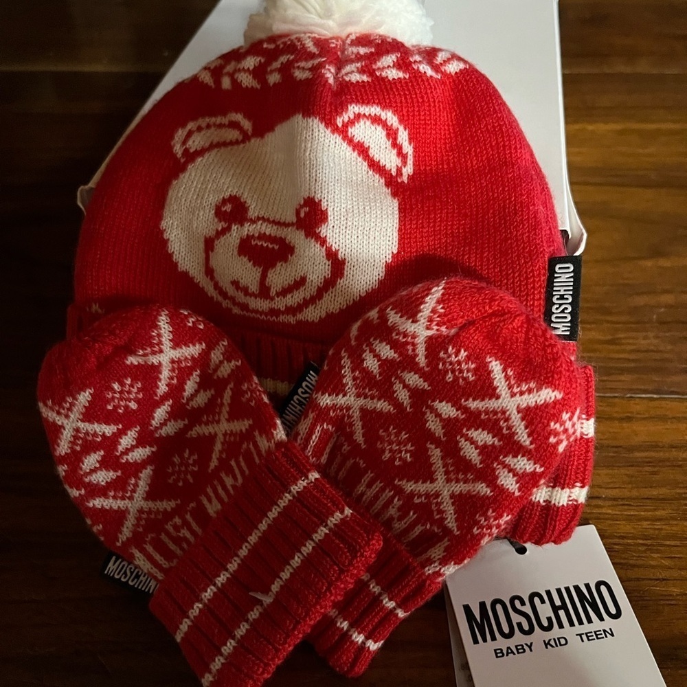 Moschino Red Bear Knit Hat and Mittens Set